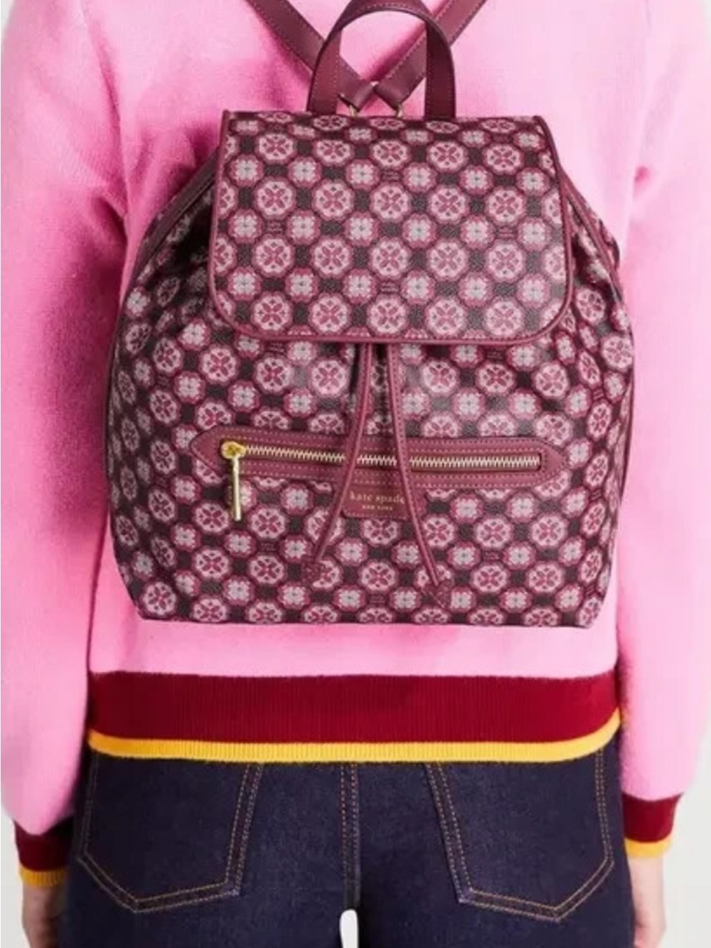 kate spade Maroon and Pink Floral-Print Drawstring Backpack
